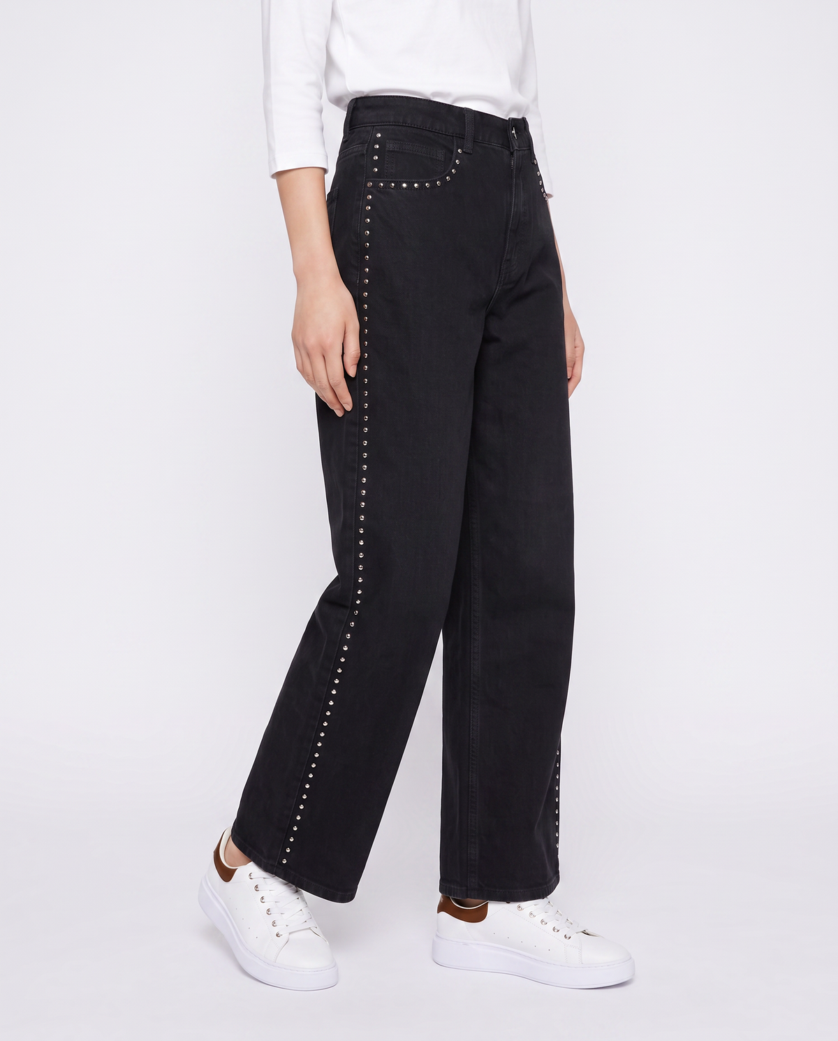 Jeans wide leg con borchie ai fianchi - Nero