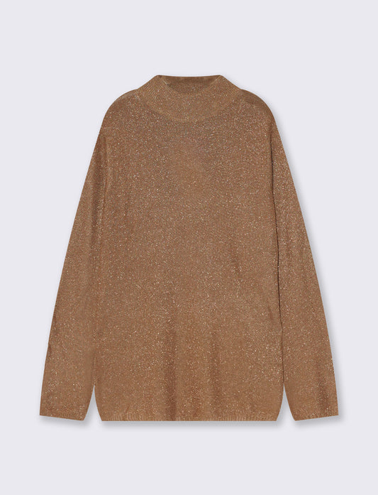 Pullover lungo collo lupetto con spacchi - Cammello