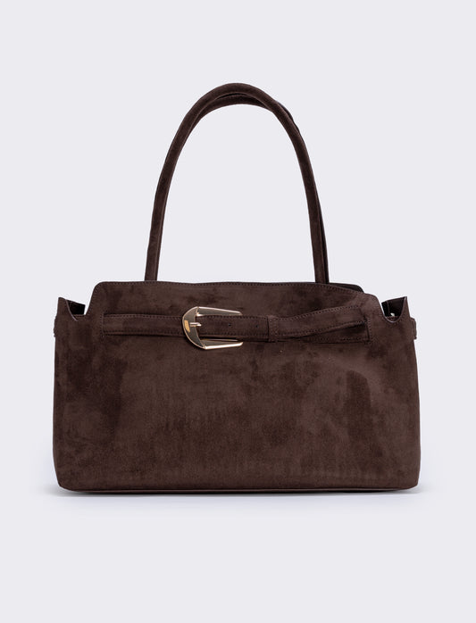 Suede bag with large buckle - Brown