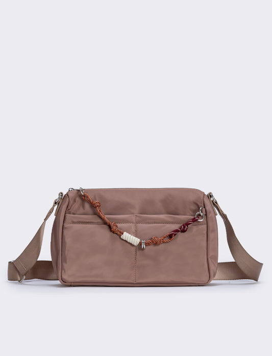 Borsetta in nylon con cordoncino e tracolla - Beige