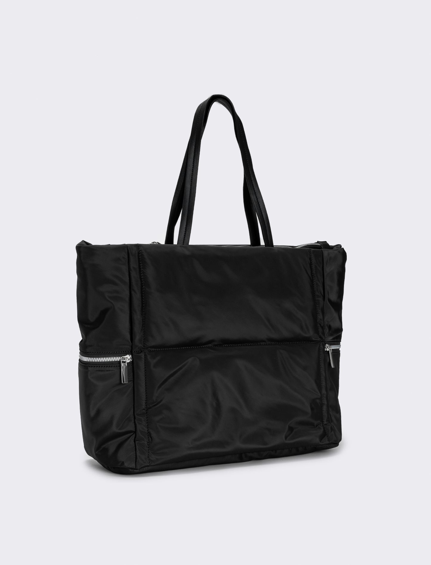 Shopper nylon con tasche laterali zip - Nero