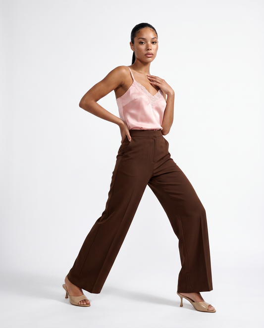 High-waisted wide leg trousers with pockets - Brown