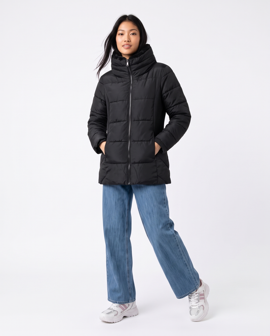 Long jacket with high collar and fur - Black