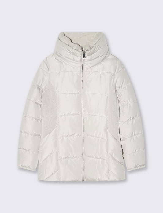 Giubbino lungo collo alto con pelliccia - Bianco gesso