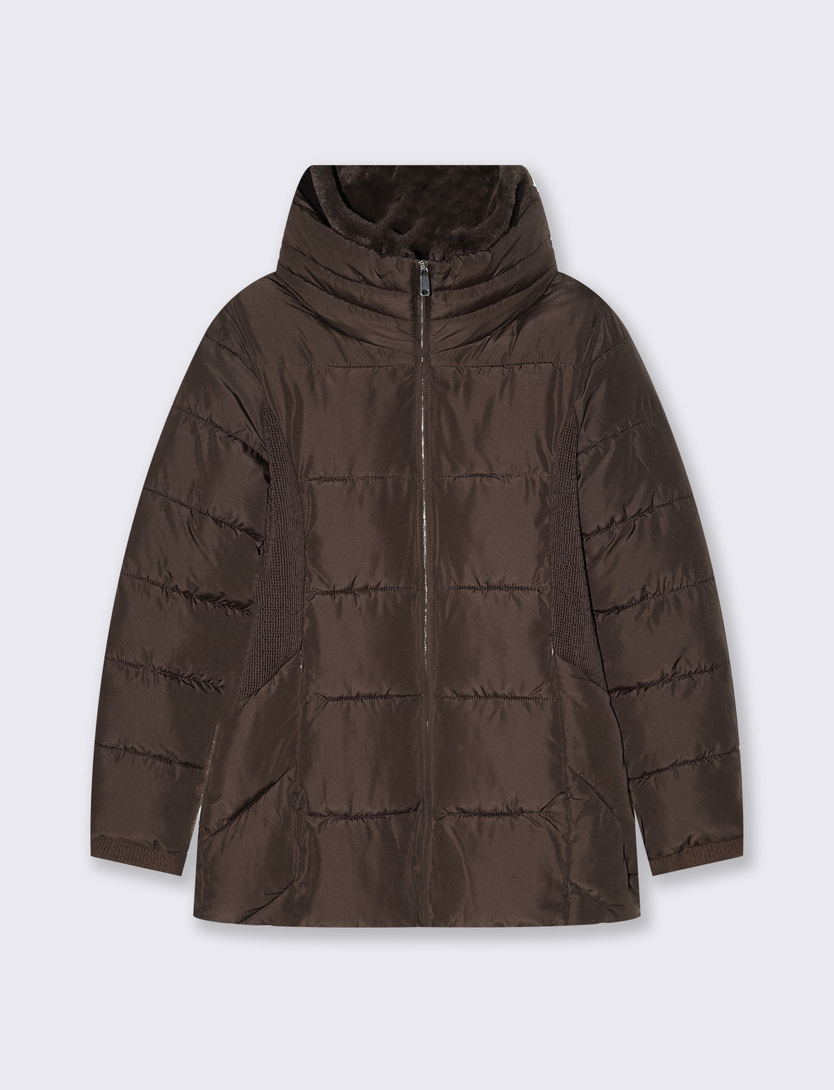 Long jacket with high collar and fur - Brown