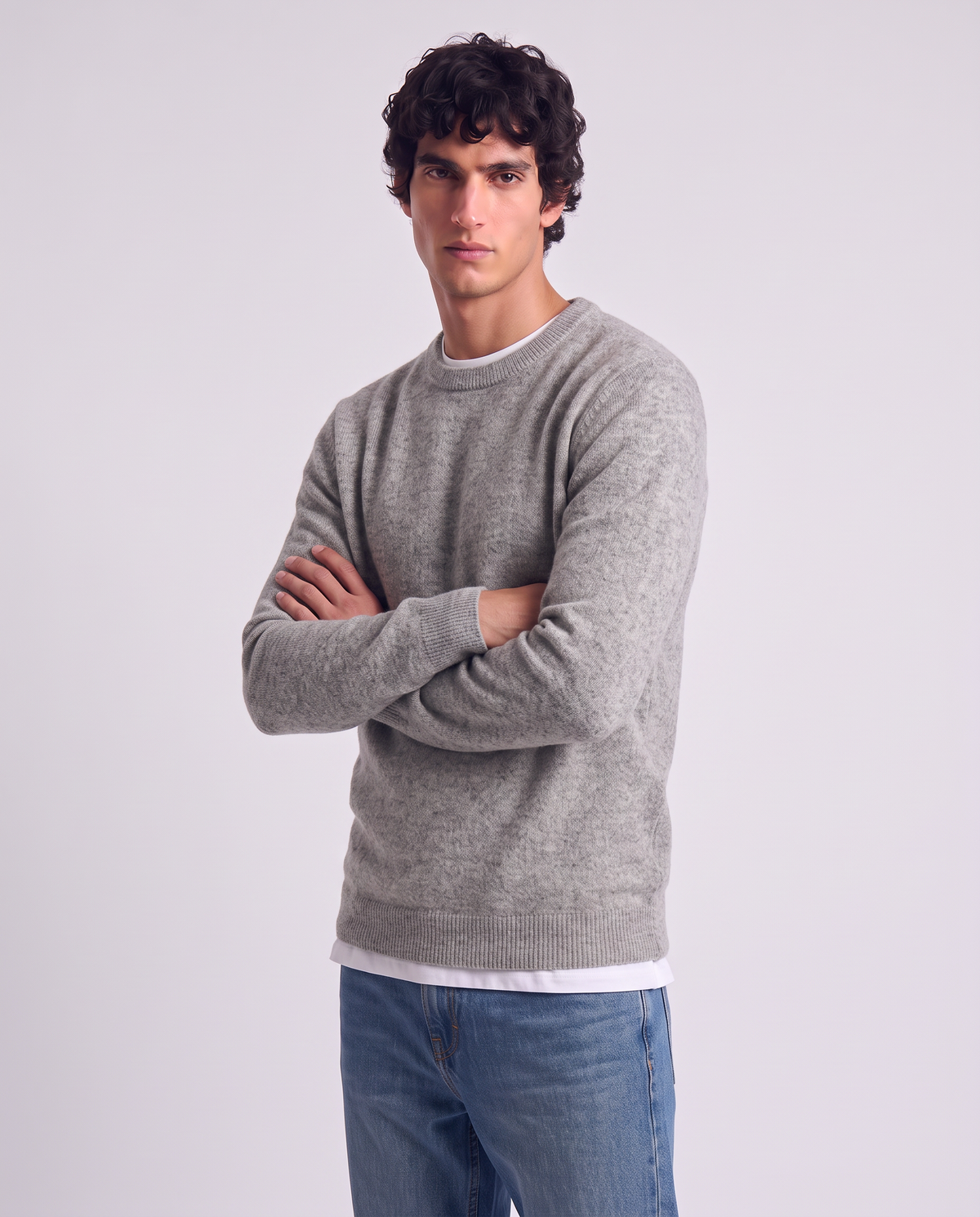 Crew Neck Boucle Sweater with Long Sleeves - Grey