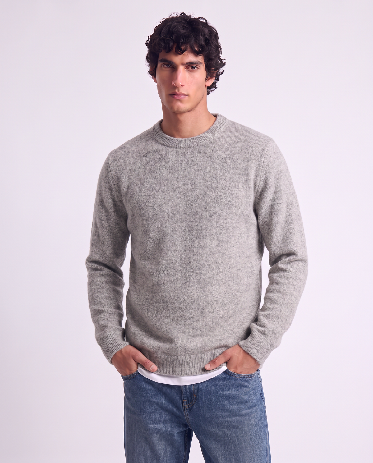 Crew Neck Boucle Sweater with Long Sleeves - Grey