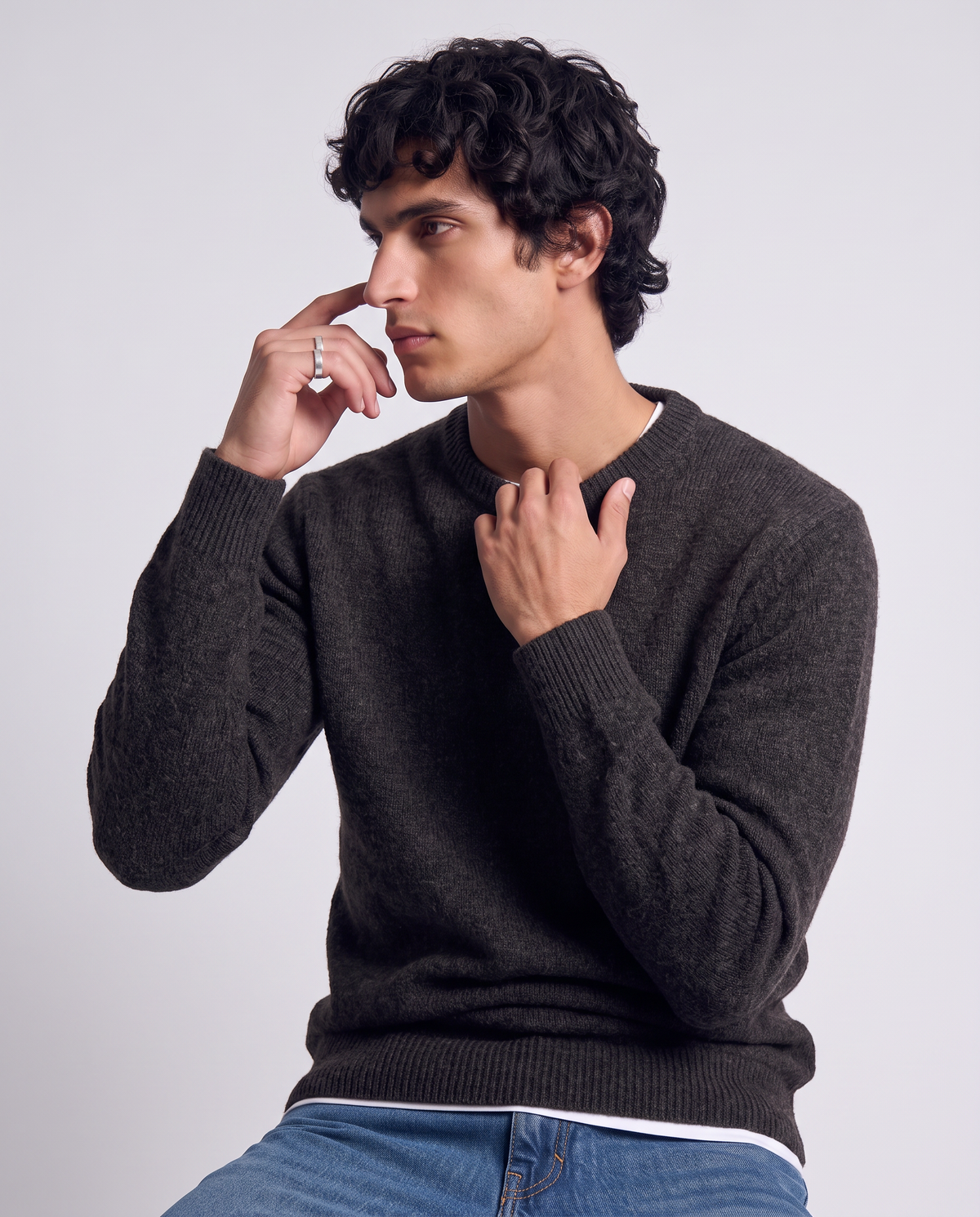 Crew Neck Boucle Sweater with Long Sleeves - 