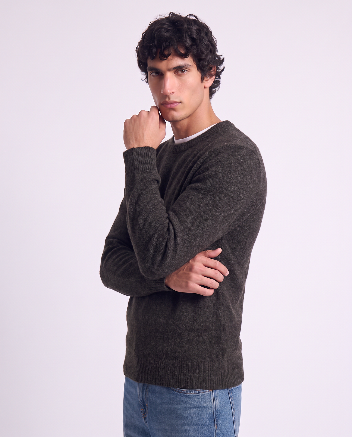 Crew Neck Boucle Sweater with Long Sleeves - 