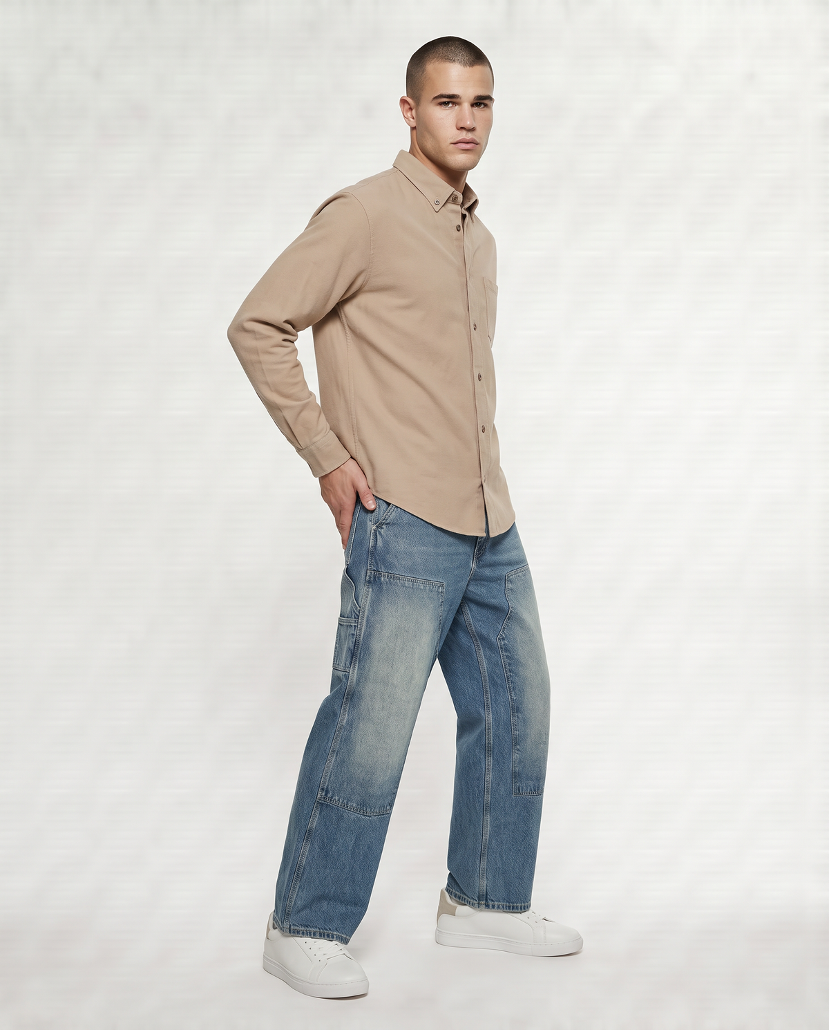 Camicia Bottondown in Pile Regular Fit - Beige