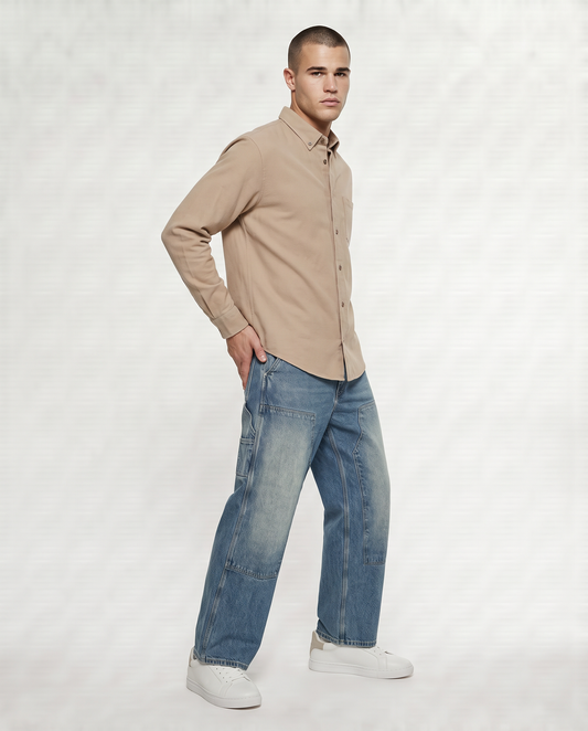 Button-down Fleece Shirt Regular Fit - Beige