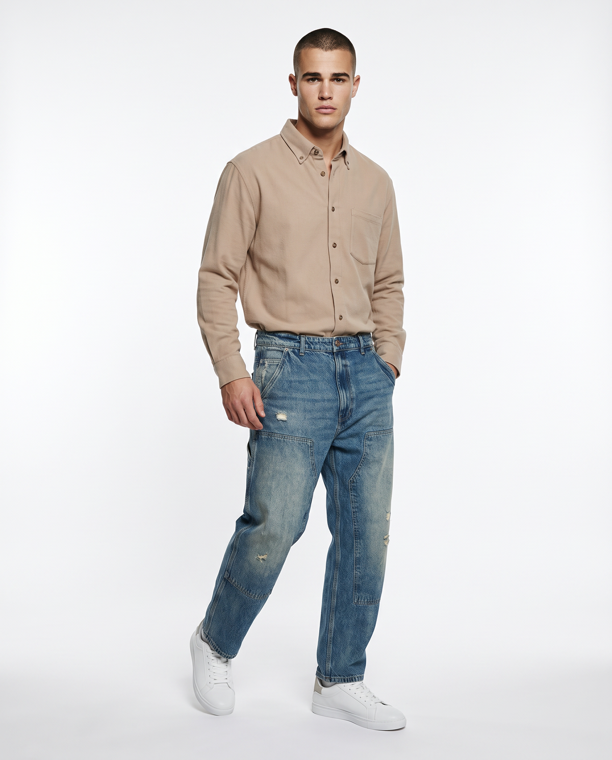Camicia Bottondown in Pile Regular Fit - Beige