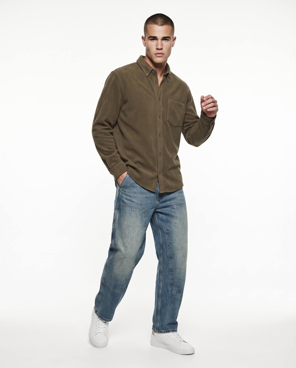 Camicia Bottondown in Pile Regular Fit - Verde kaki