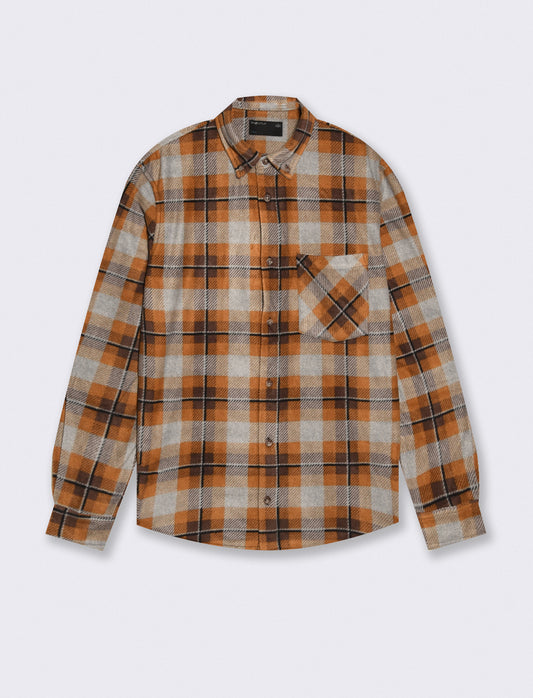 Plaid Flannel Button-Down Shirt - Beige