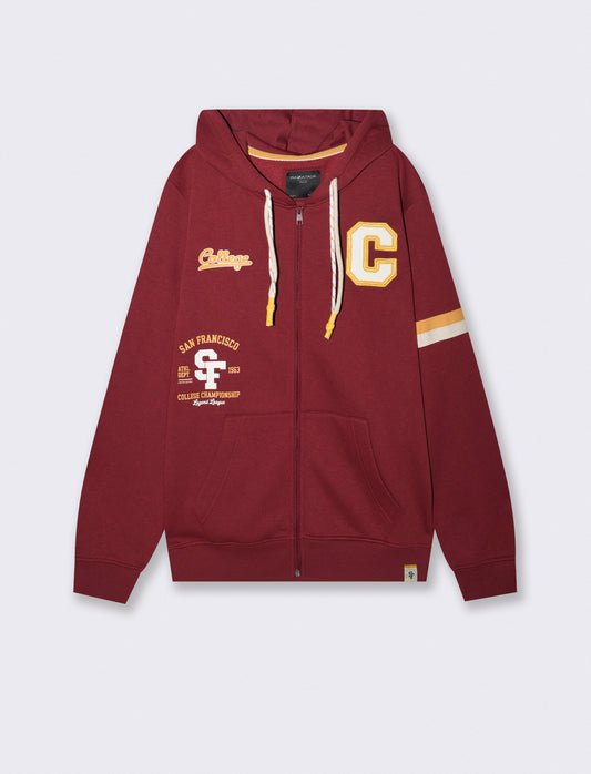 Hooded cardigan with pockets and patches - Red