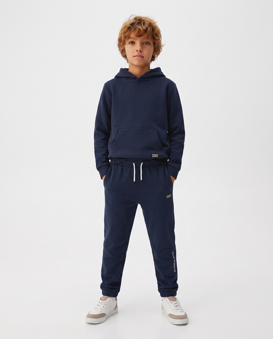 Hooded Sweatpants with Drawstring and Patch - Blue