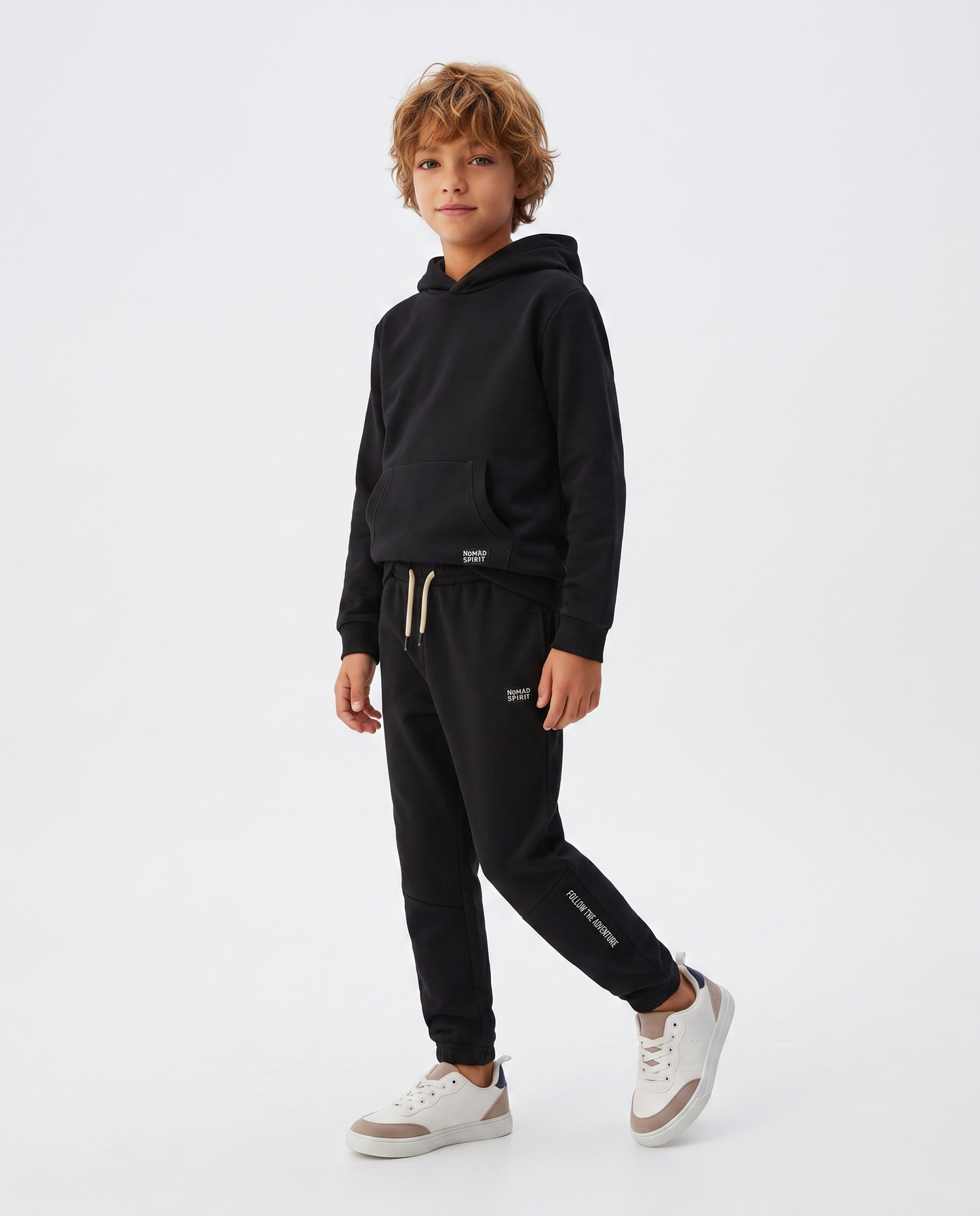 Hooded Sweatpants with Drawstring and Patch - Black