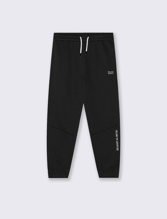 Hooded Sweatpants with Drawstring and Patch - Black