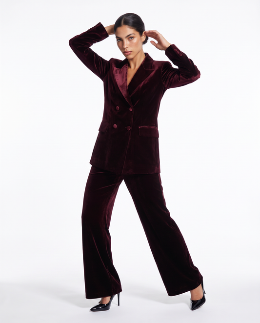 Pantalone in velluto wide leg con elastico - Bordeaux