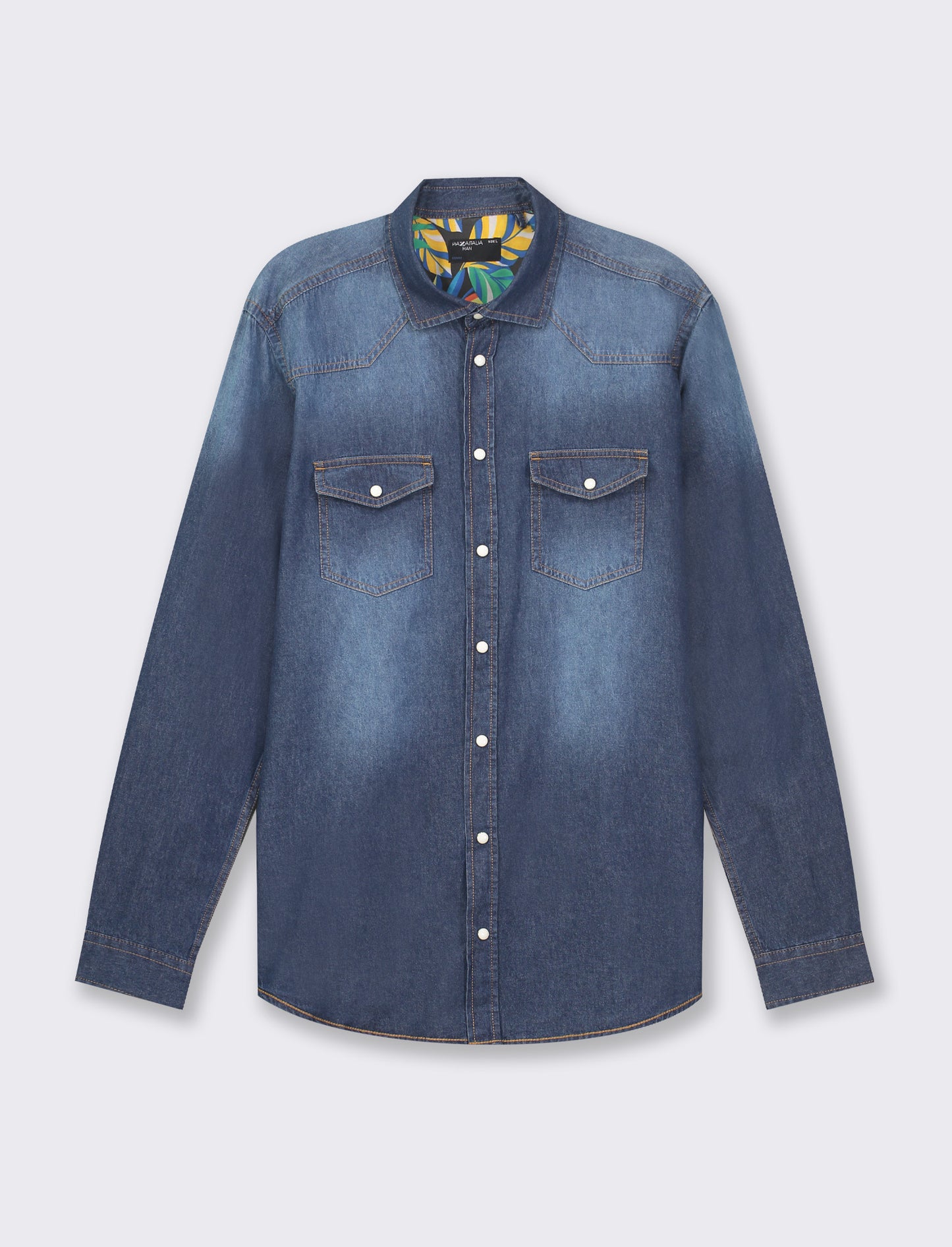 Light Denim Regular Fit Shirt with Revere Collar and Snap Button Closure - Blue