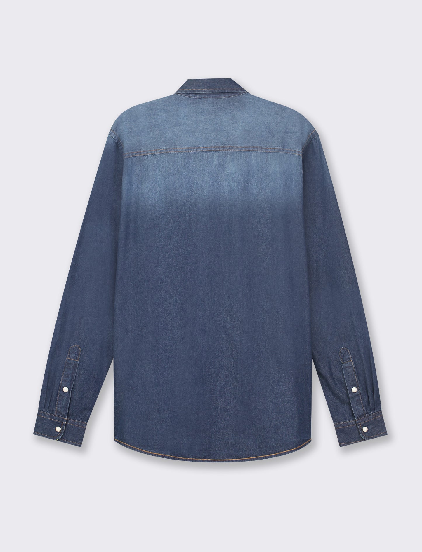 Light Denim Regular Fit Shirt with Revere Collar and Snap Button Closure - Blue