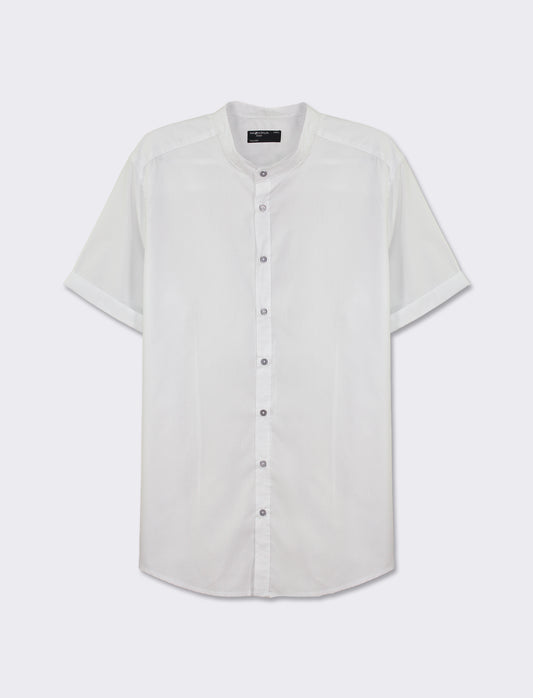 Regular Fit Cotton Blend Easy Iron Shirt with Short Sleeves and Korean Collar - White