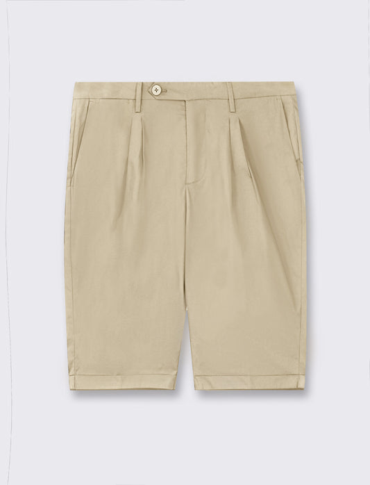 Men's Slim Fit Chino Bermuda Shorts - Cotton Poplin with Stretch - Beige