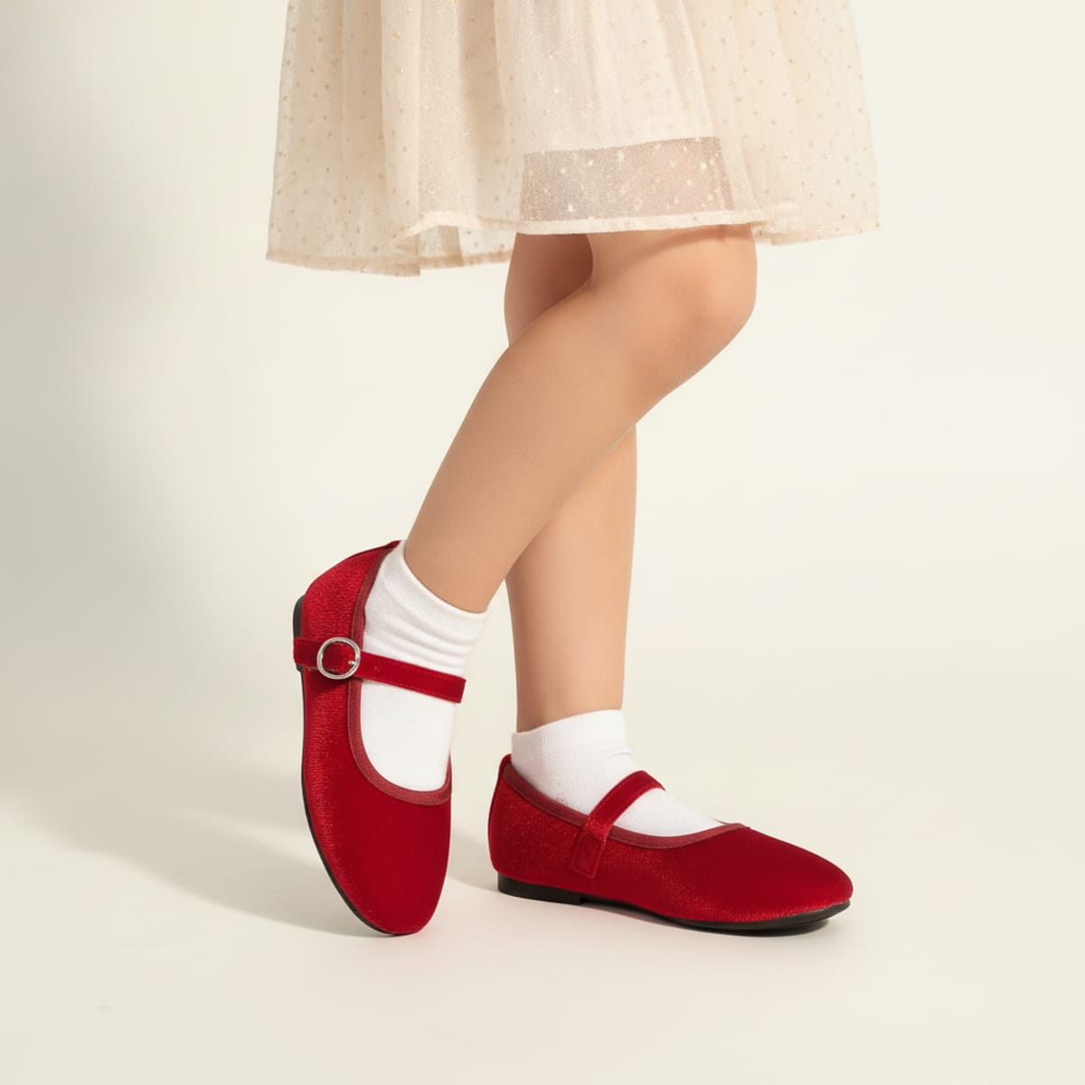 Velvet Ballerina with Buckle for Girls - Red