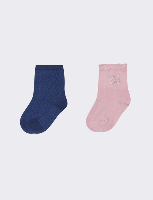 Embroidered Socks with Butterfly and Rhinestones - Pink