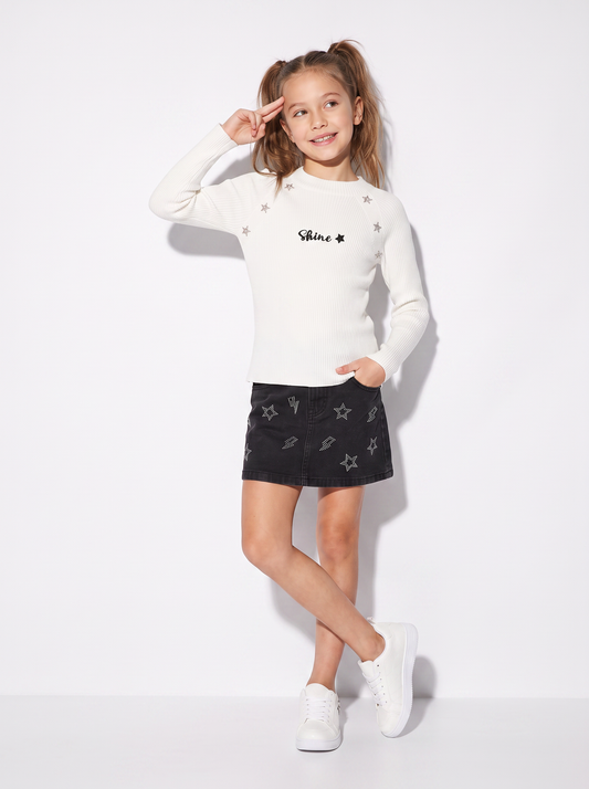 Maglia manica lunga con ricamo e bottoni - Bianco latte