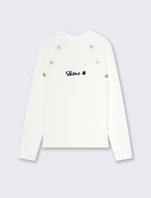 Maglia manica lunga con ricamo e bottoni - Bianco latte
