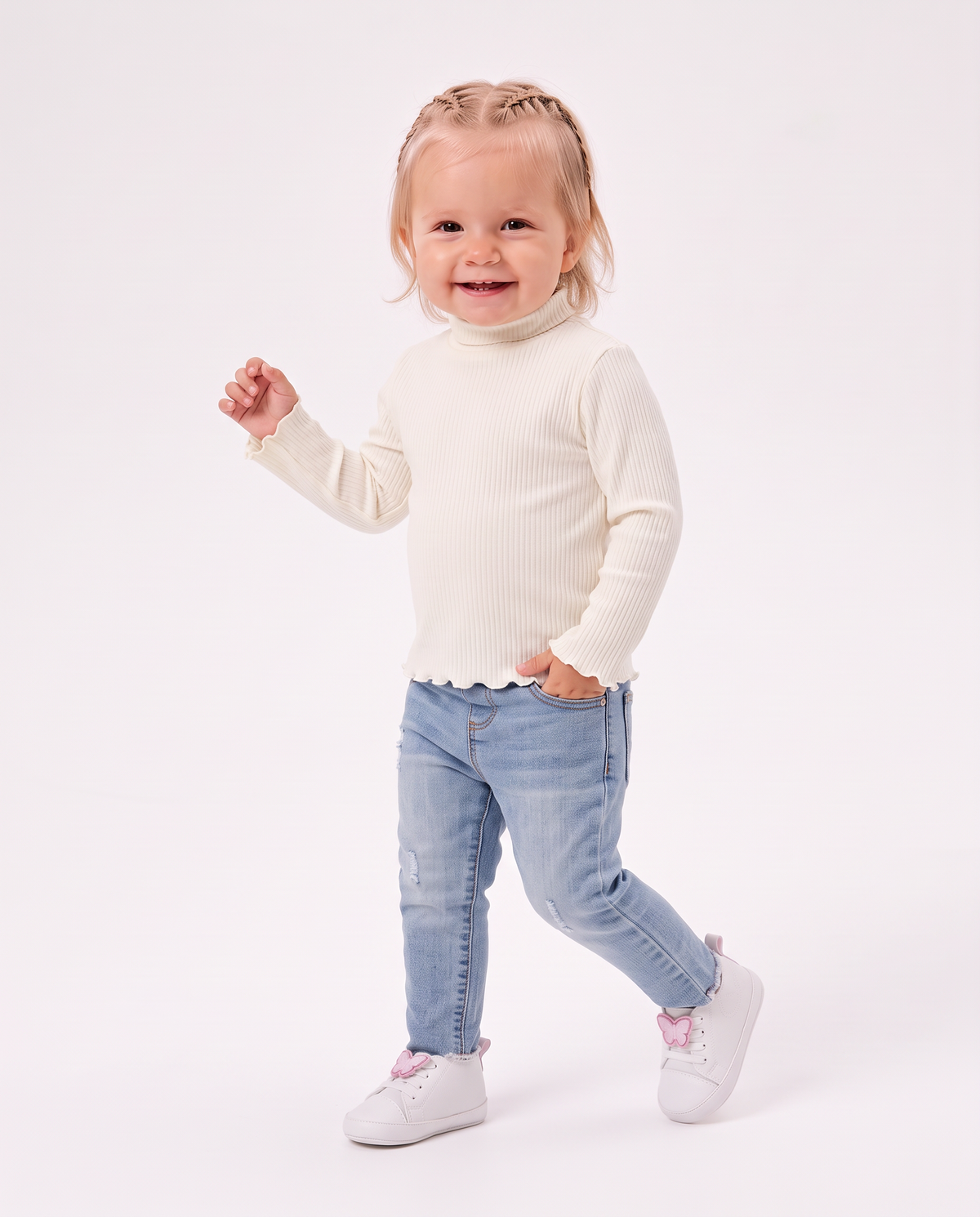 Long sleeve ribbed turtleneck shirt - White