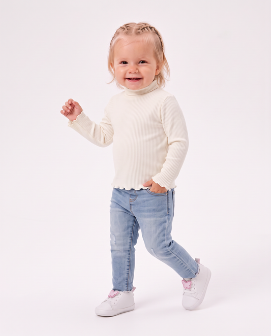 Long sleeve ribbed turtleneck shirt - White