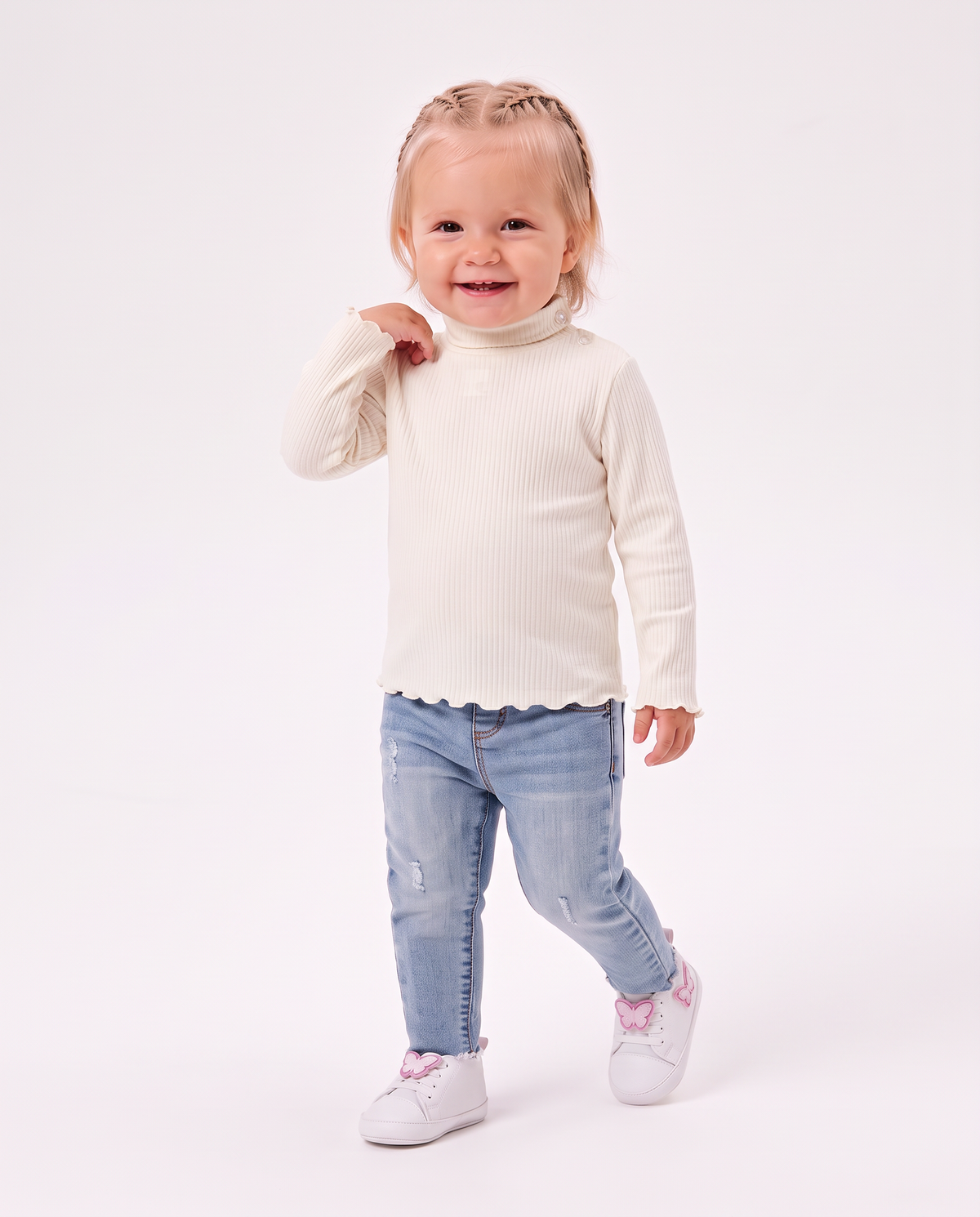 Long sleeve ribbed turtleneck shirt - White