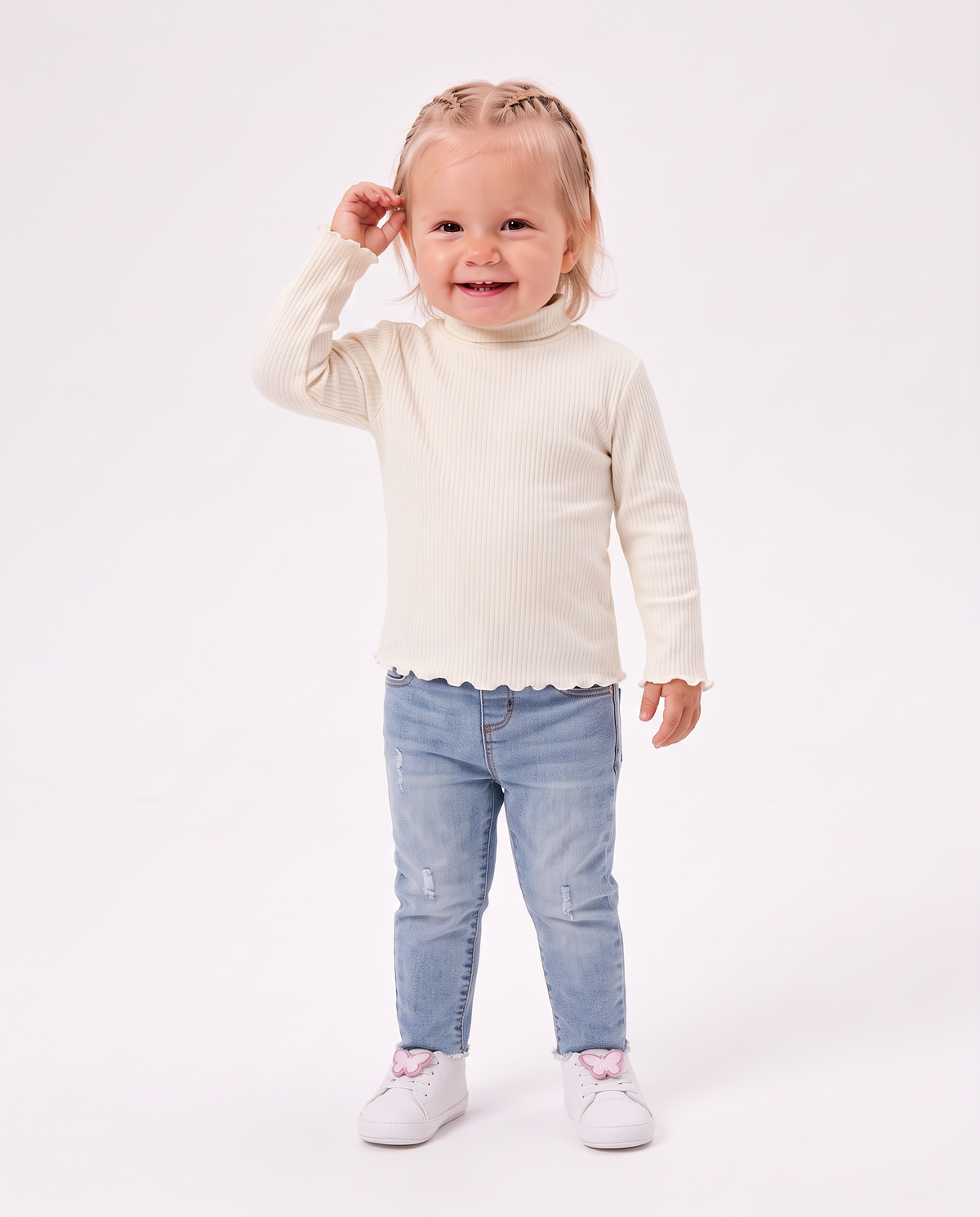 Long sleeve ribbed turtleneck shirt - White