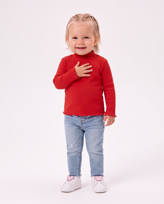Long sleeve ribbed turtleneck shirt - Red