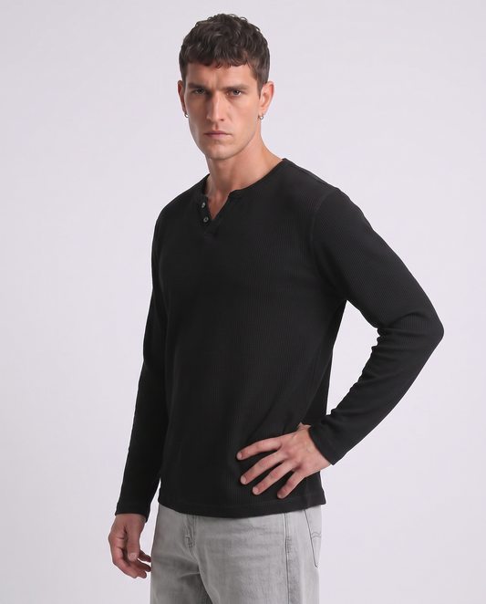 T-shirt serafino waffle maniche lunghe - Nero