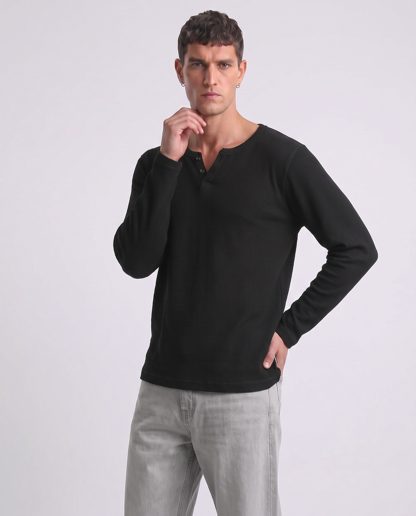 T-shirt serafino waffle maniche lunghe - Nero