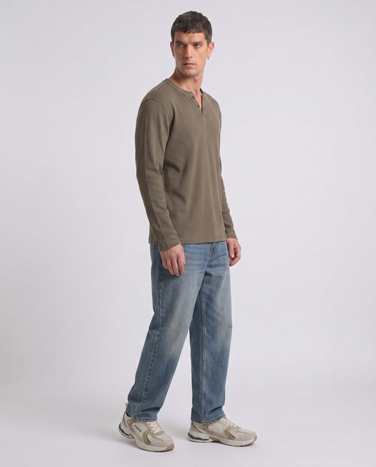 T-shirt serafino waffle maniche lunghe - Verde kaki