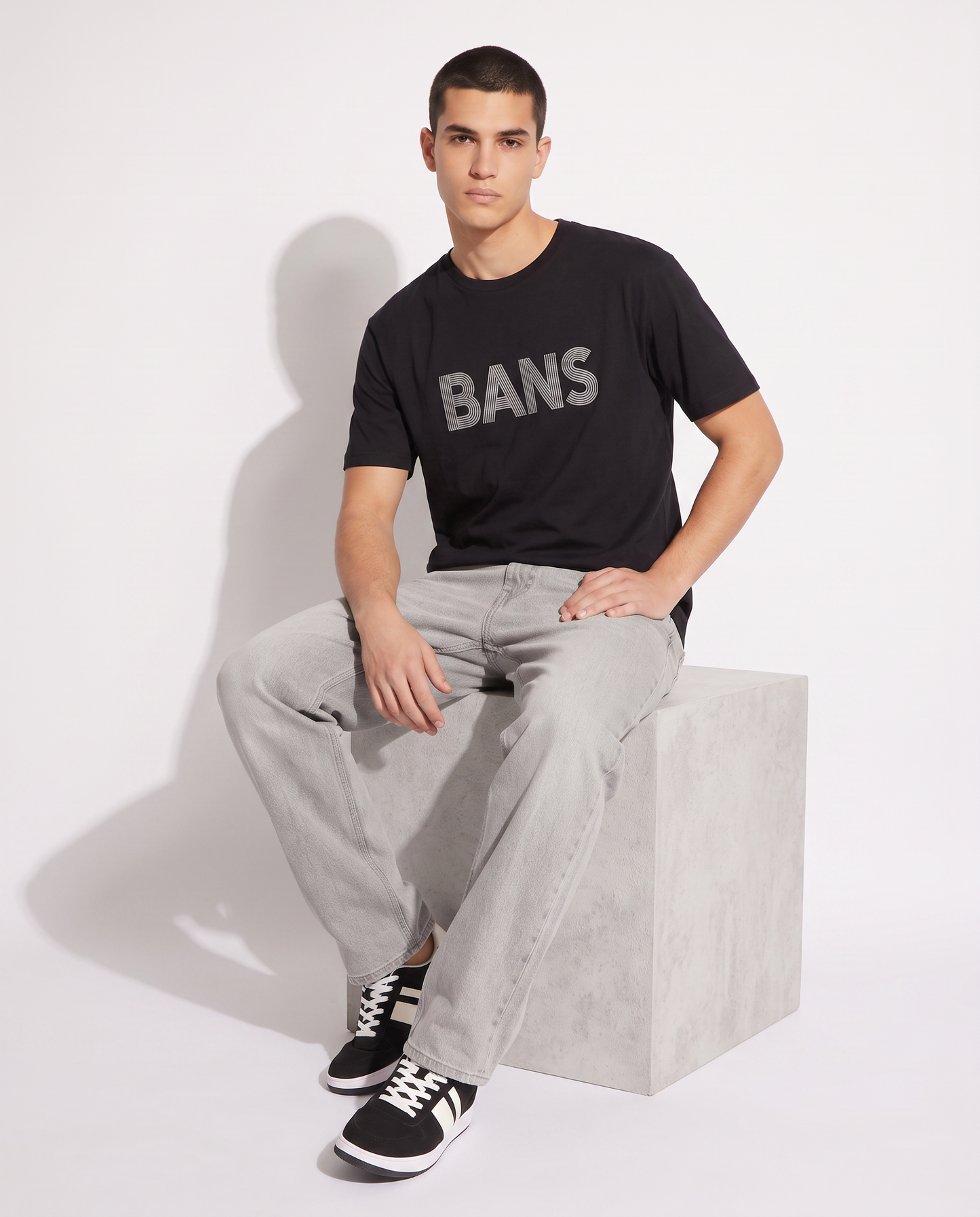 Stretch cotton T-shirt with 3D print - Black