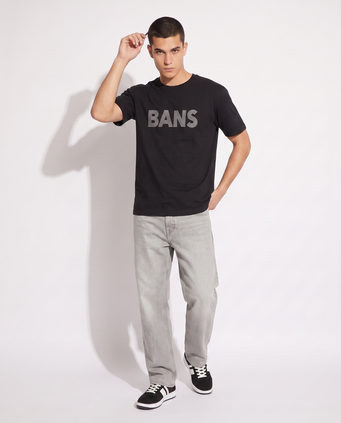 Stretch cotton T-shirt with 3D print - Black