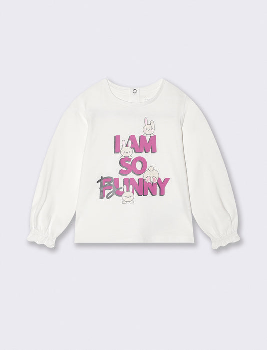 T shirt manica lunga girocollo con stampa - Bianco latte
