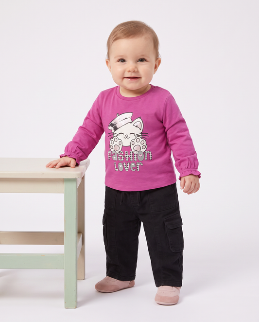 Long Sleeve Crew Neck T-Shirt with Print - Fuxia