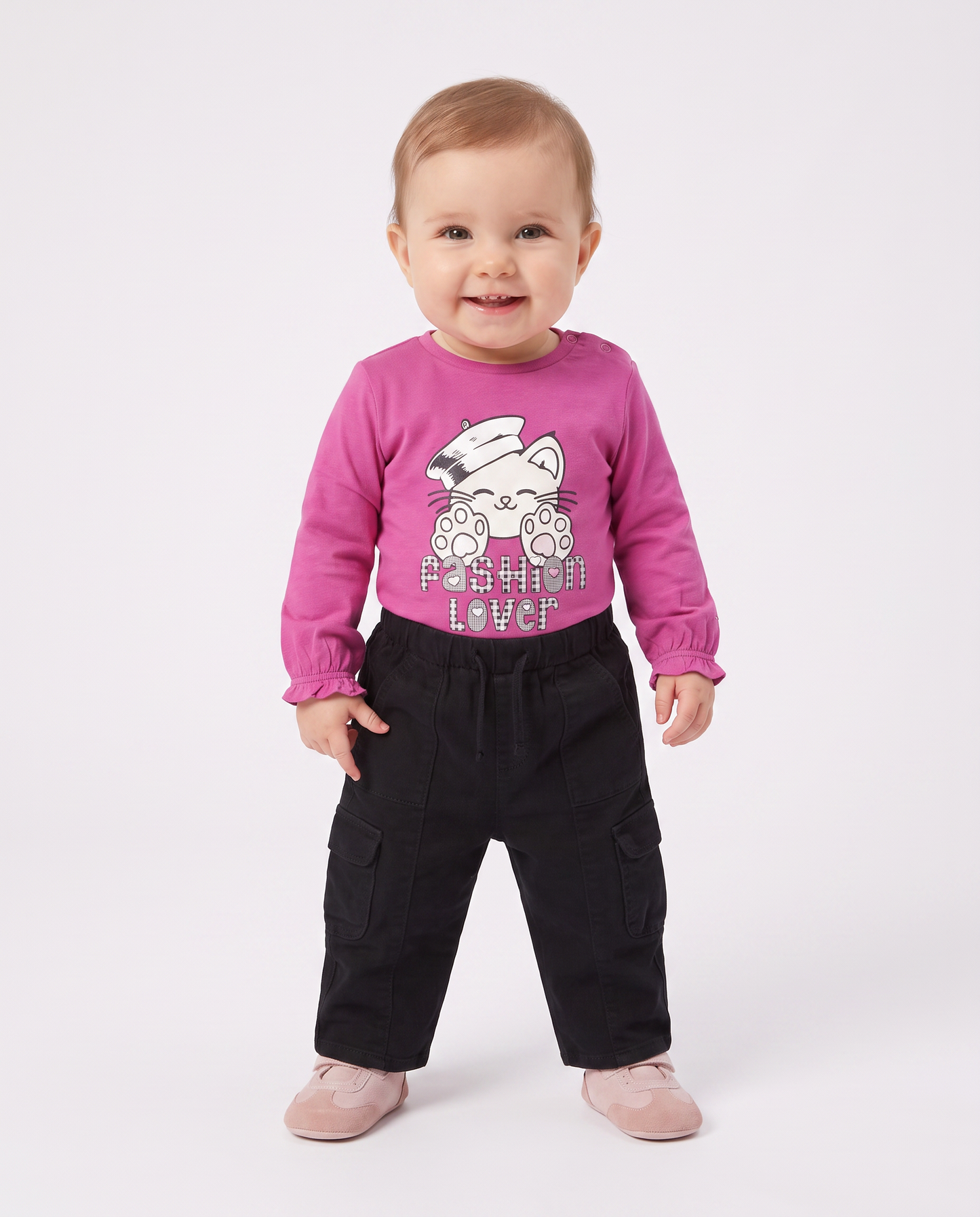 T shirt manica lunga girocollo con stampa - Fuxia azalea