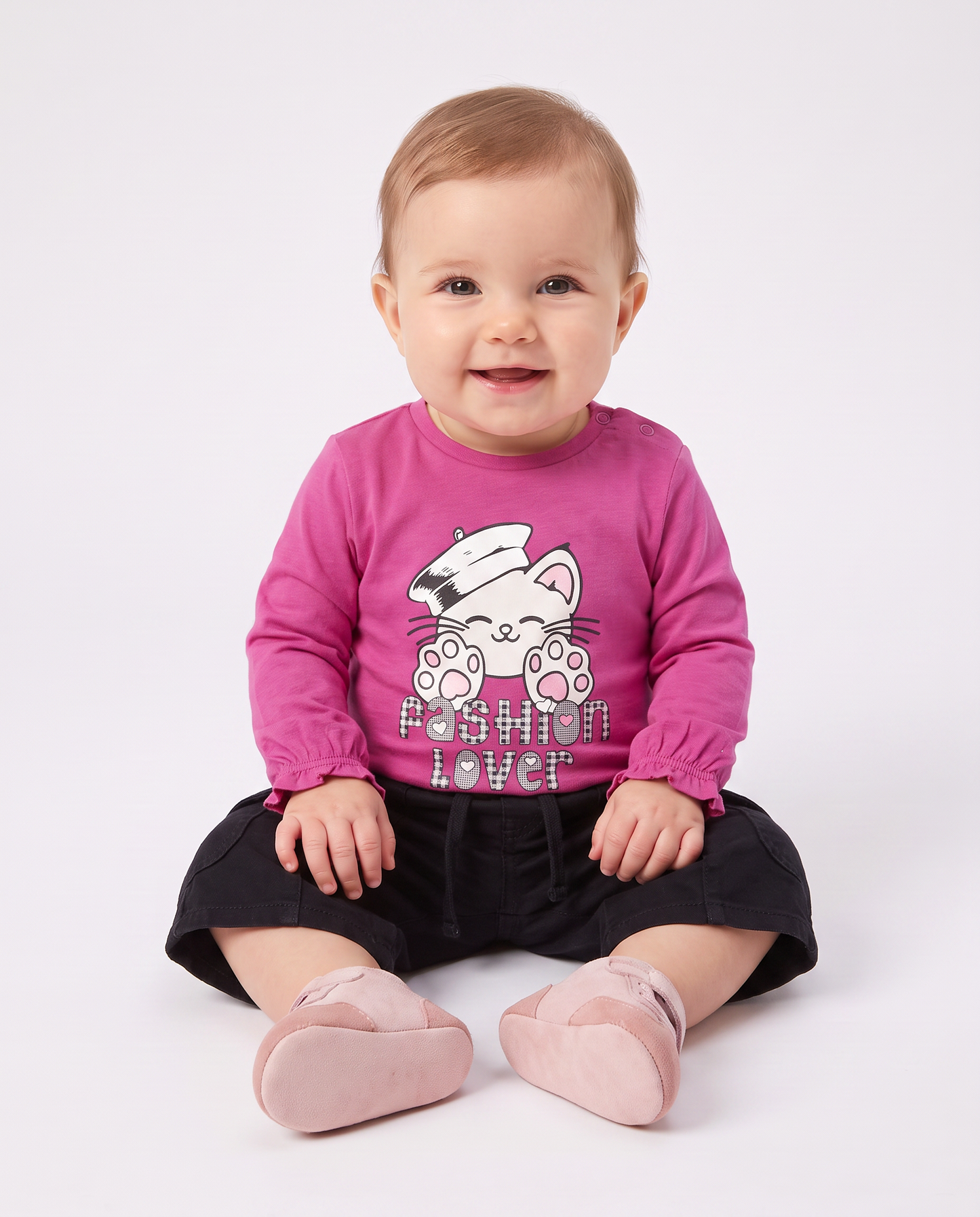 T shirt manica lunga girocollo con stampa - Fuxia azalea