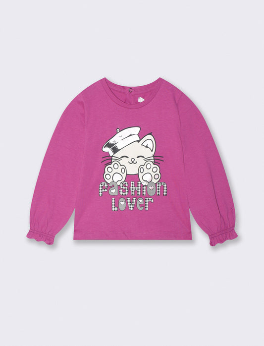 T shirt manica lunga girocollo con stampa - Fuxia azalea