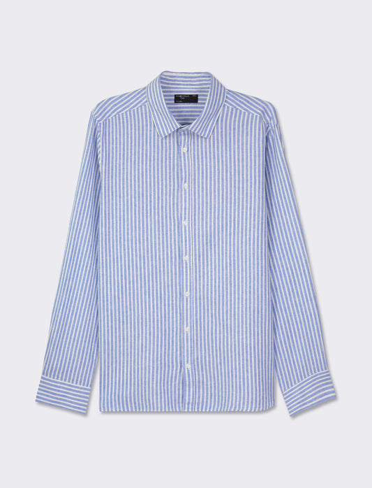 Striped Linen Regular Fit Shirt with French Collar - Sky blue