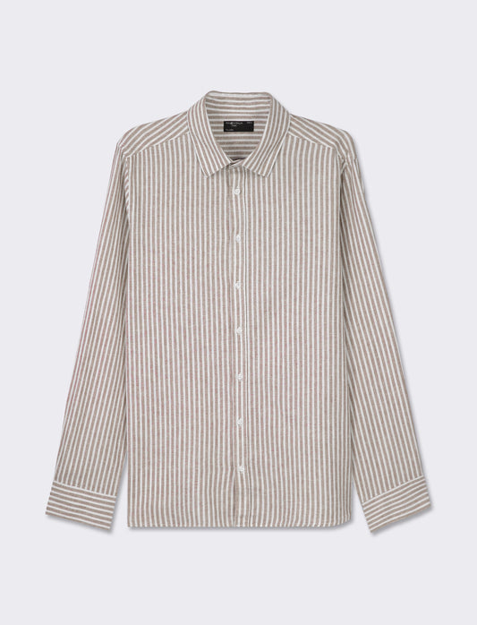 Striped Linen Regular Fit Shirt with French Collar - Grey