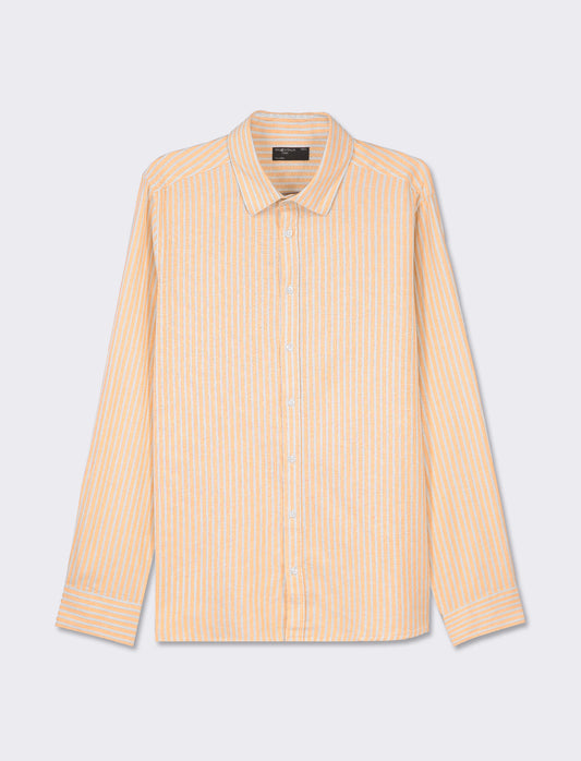 Striped Linen Regular Fit Shirt with French Collar - Orange