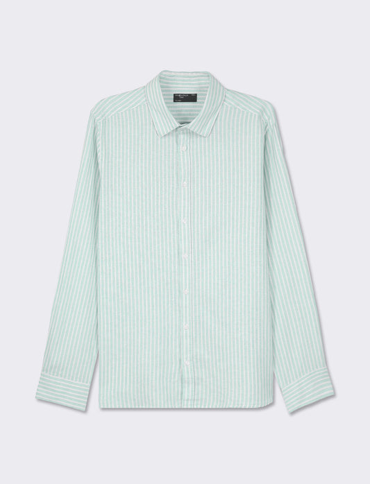 Striped Linen Regular Fit Shirt with French Collar - Green